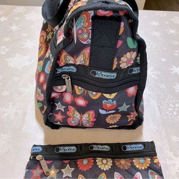 Large Lesportsac Tote Shopper & Makeup Bag Butterfly & Floral Zip Closure - Picture 3 of 6